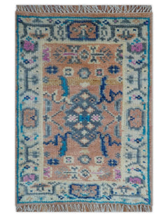 2x3 Traditional Peach And Ivory Hand Knotted Wool Rug-The Rug Decor-lobo nosara
