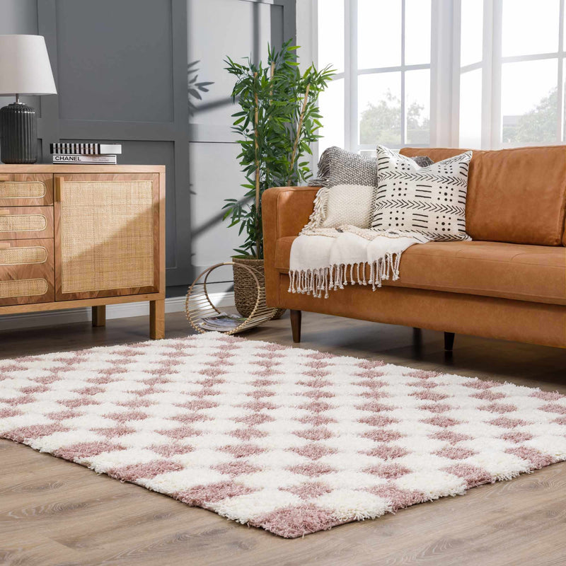 Atira Pink Checkered Shag Rug-Boutique Rugs-lobo nosara