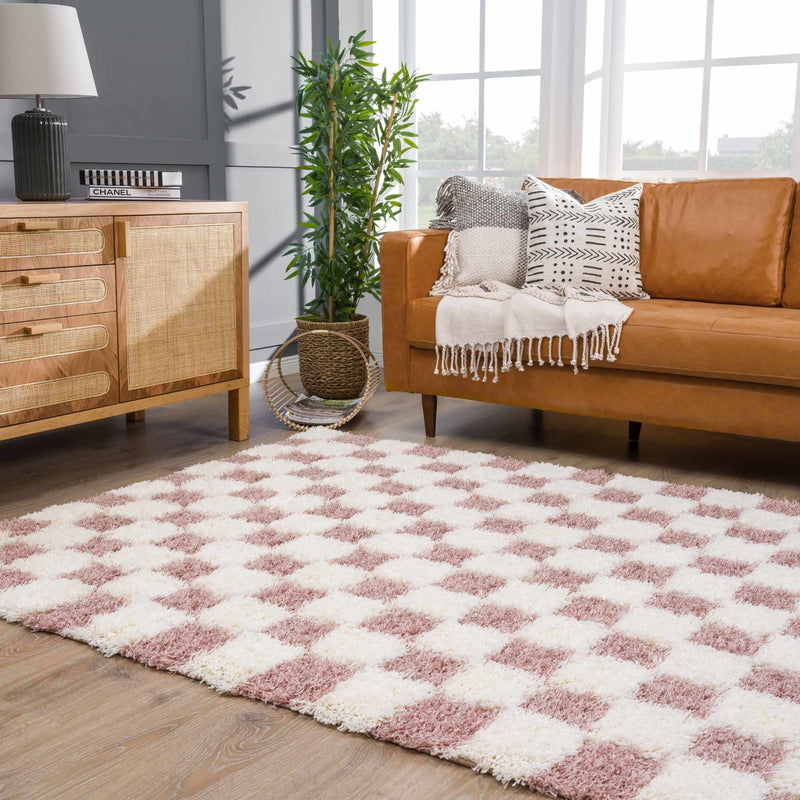 Atira Pink Checkered Shag Rug-Boutique Rugs-lobo nosara