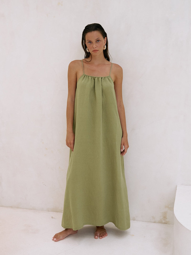 Bliss Flow Maxi Dress - Khaki Green-The Handloom-lobo nosara