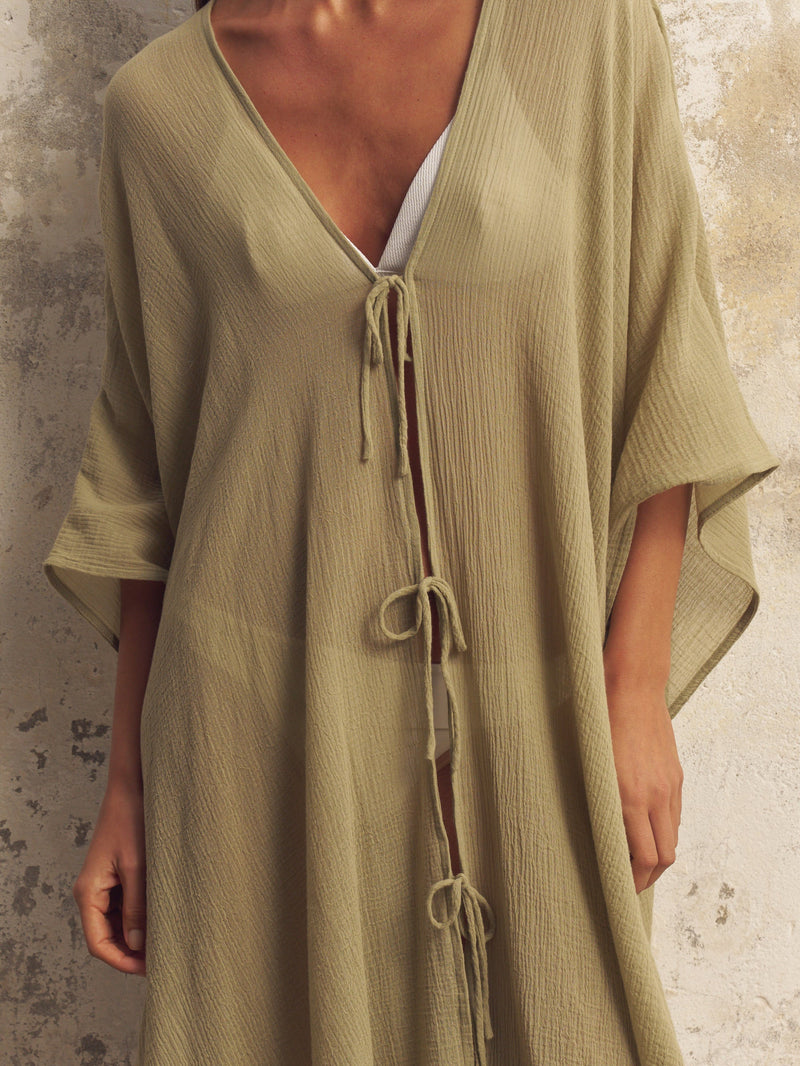 Bodrum Ties Kaftan - Khaki Green-The Handloom-lobo nosara