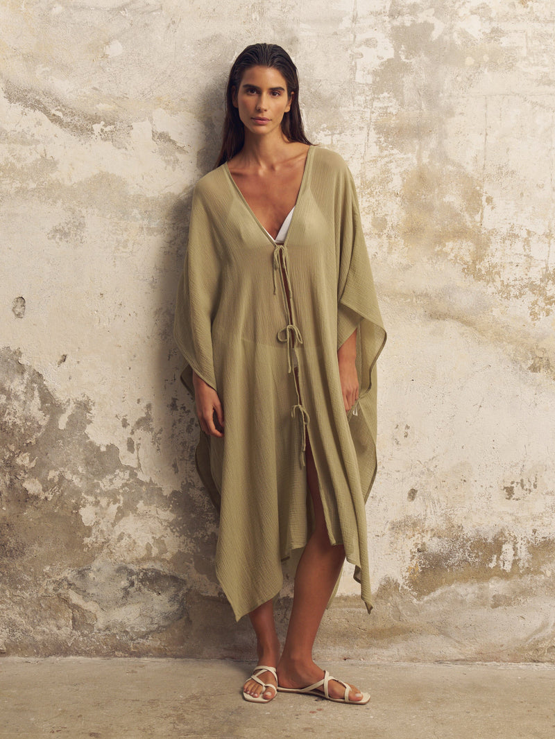 Bodrum Ties Kaftan - Khaki Green-The Handloom-lobo nosara
