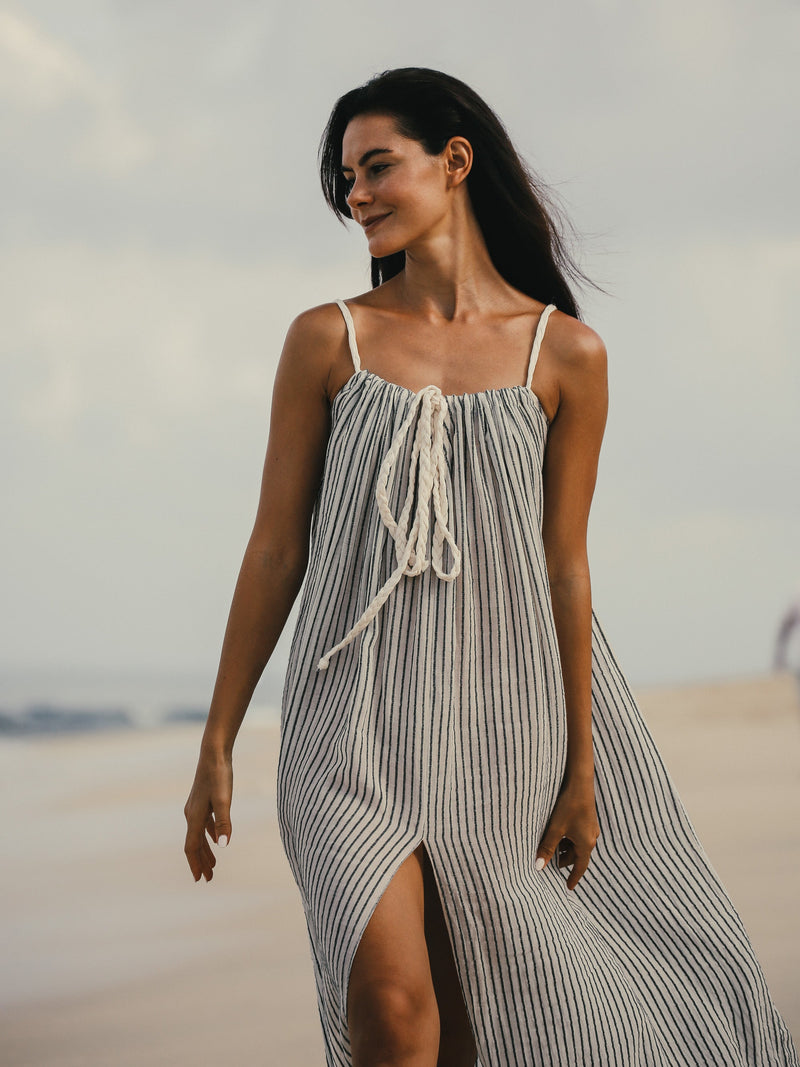 Breeze Beach Dress - Black Stripes-The Handloom-lobo nosara