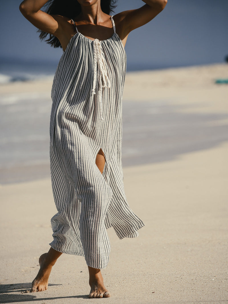 Breeze Beach Dress - Black Stripes-The Handloom-lobo nosara