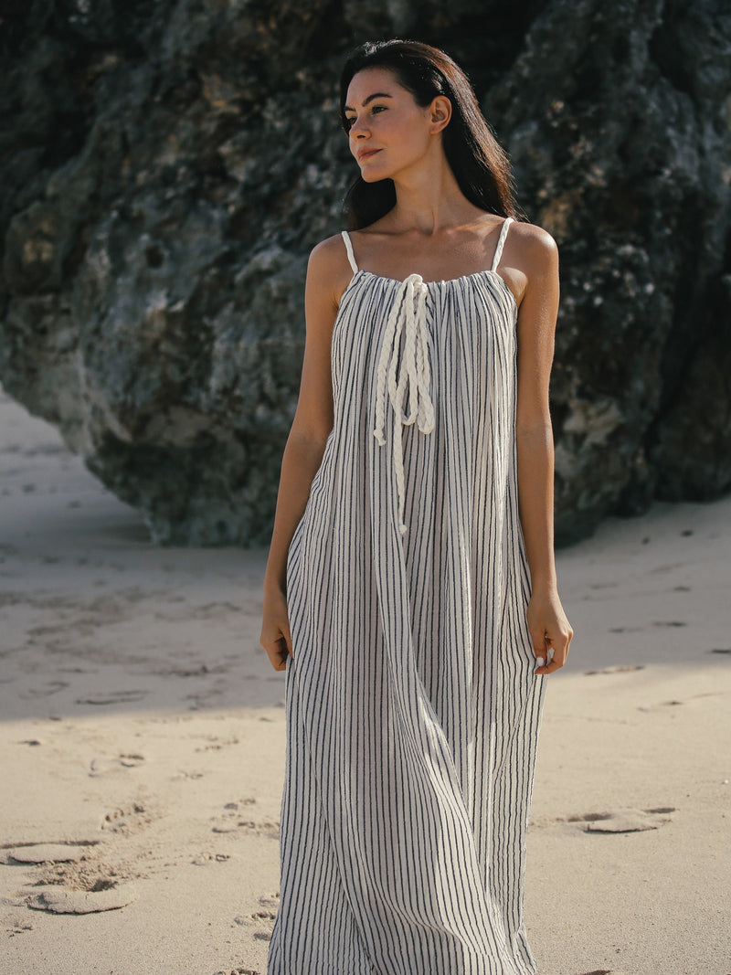 Breeze Beach Dress - Black Stripes-The Handloom-lobo nosara