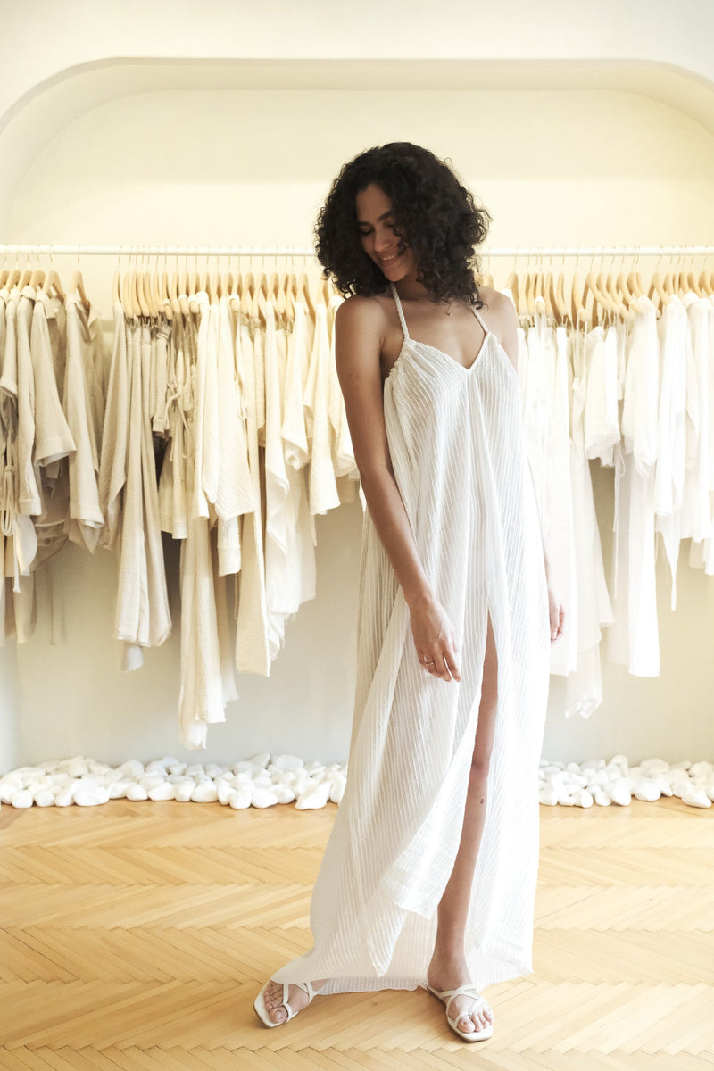 Breeze Beach Dress - White Stripes-The Handloom-lobo nosara