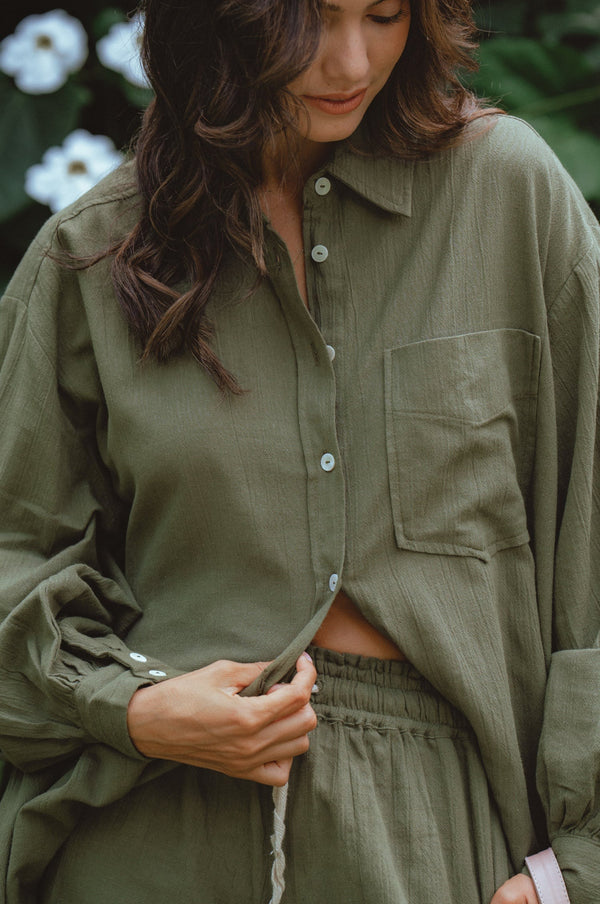 Calin Long Sleeve Overzised Linen Shirt - Khaki-BALI ELF-lobo nosara