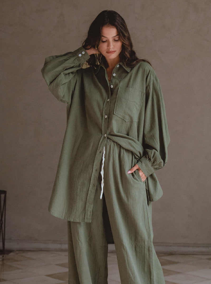 Calin Long Sleeve Overzised Linen Shirt - Khaki-BALI ELF-lobo nosara