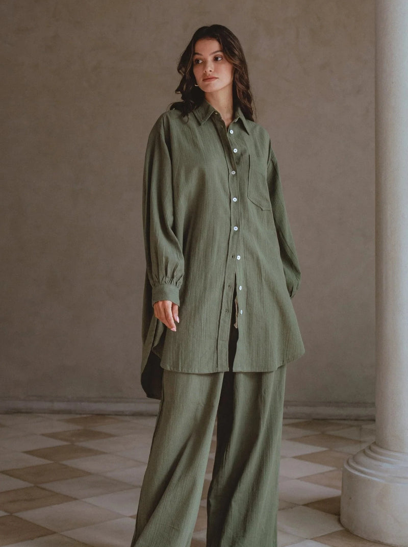 Calin Long Sleeve Overzised Linen Shirt - Khaki-BALI ELF-lobo nosara