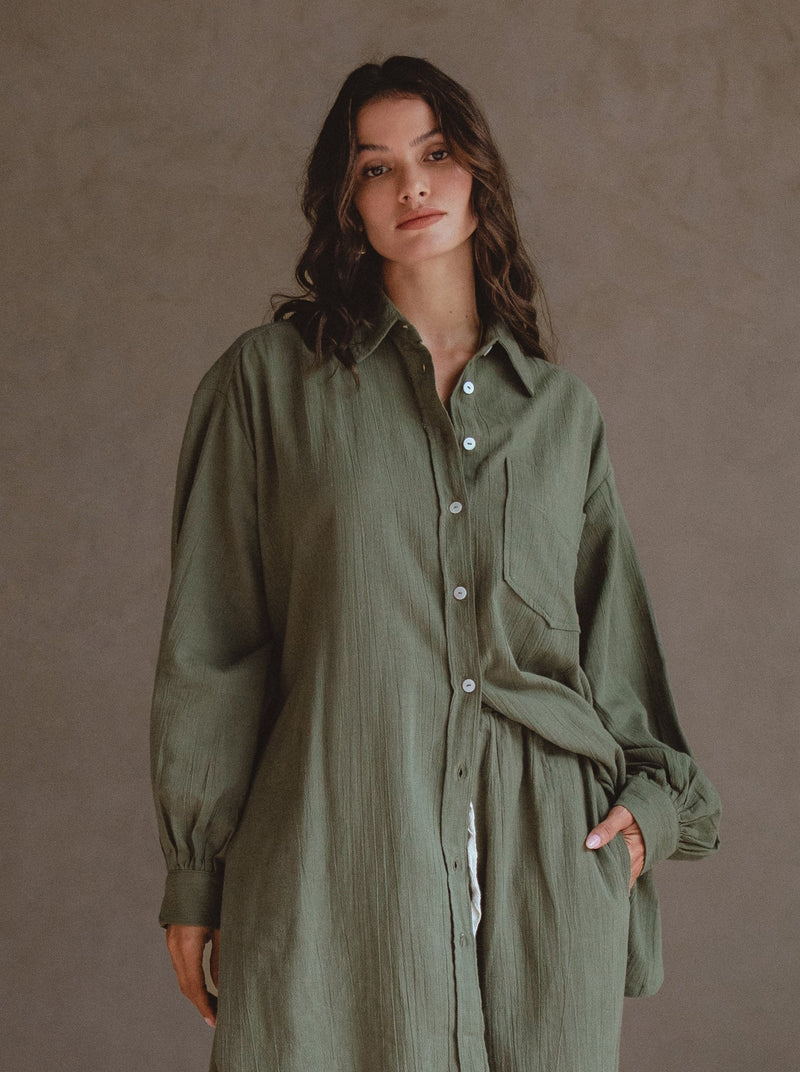 Calin Long Sleeve Overzised Linen Shirt - Khaki-BALI ELF-lobo nosara