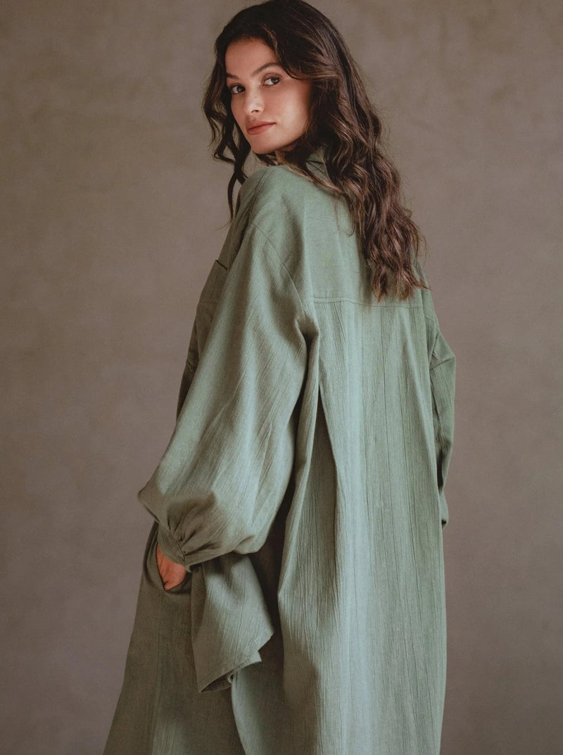 Calin Long Sleeve Overzised Linen Shirt - Khaki-BALI ELF-lobo nosara