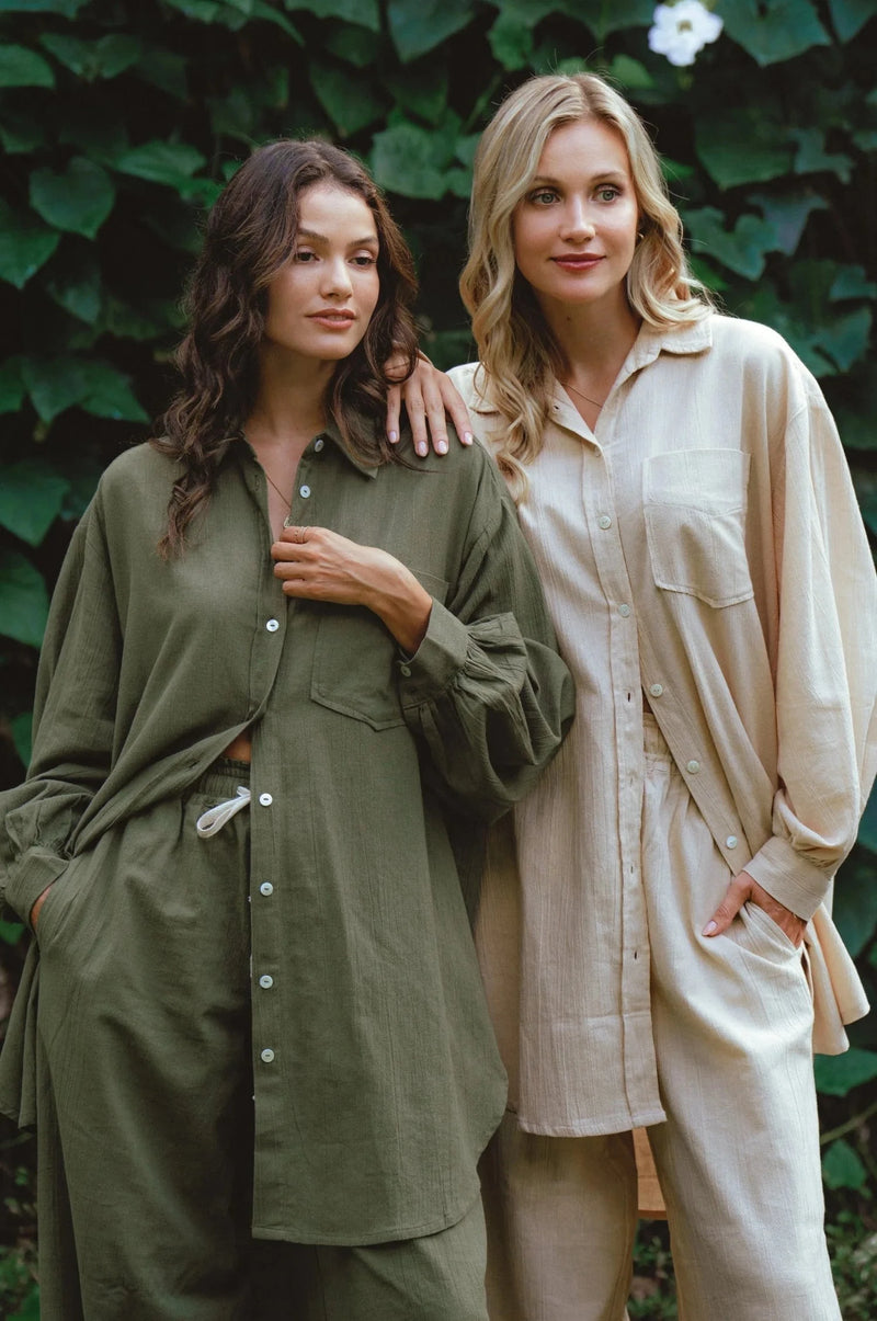 Calin Long Sleeve Overzised Linen Shirt - Khaki-BALI ELF-lobo nosara