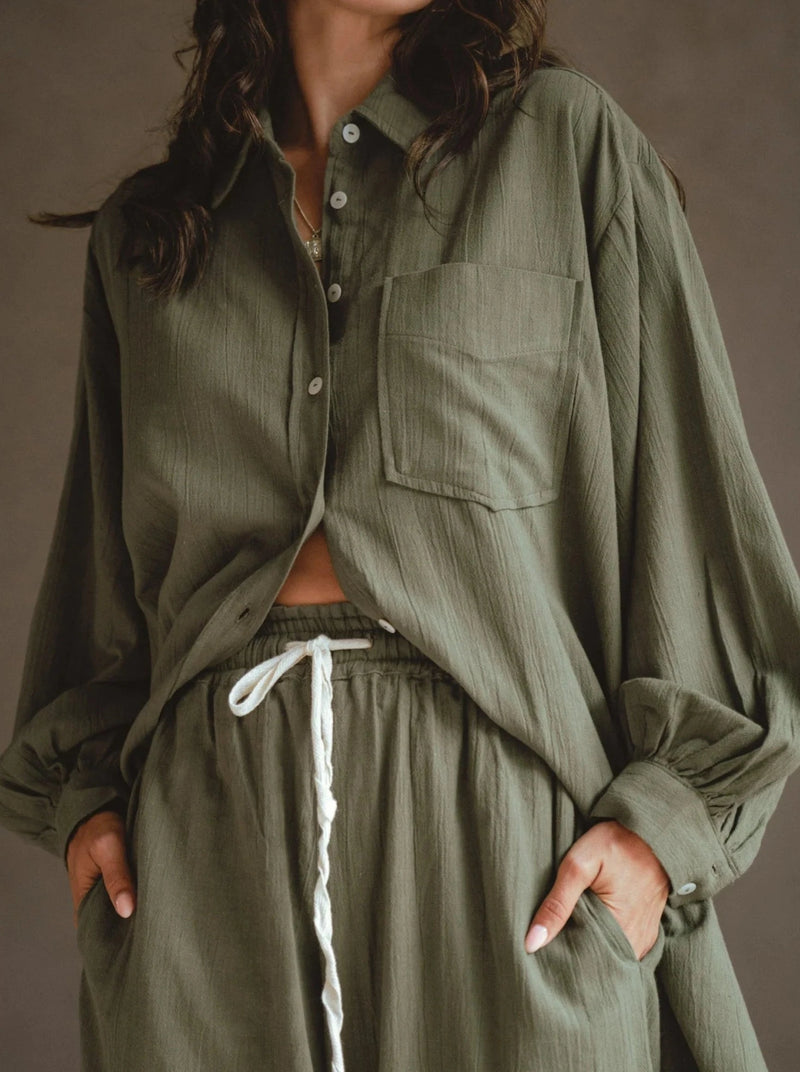 Calin Long Sleeve Overzised Linen Shirt - Khaki-BALI ELF-lobo nosara