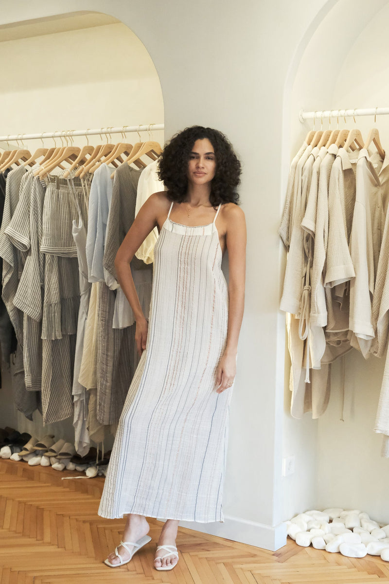 Canggu Maxi Dress - Natural With Stripes-The Handloom-lobo nosara