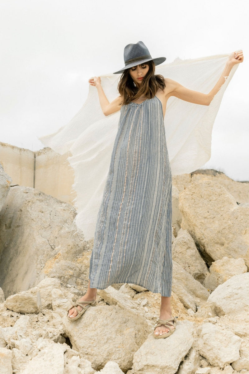 Canggu Maxi Dress - Navy With Stripes-The Handloom-lobo nosara