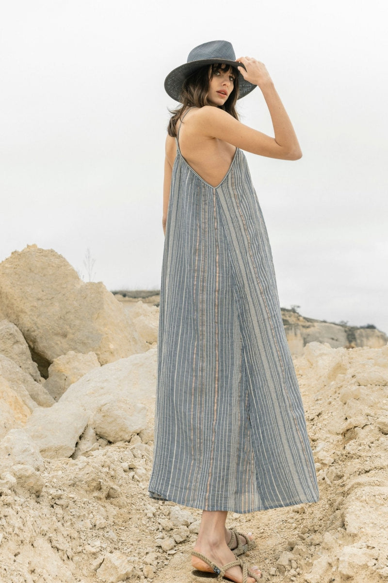 Canggu Maxi Dress - Navy With Stripes-The Handloom-lobo nosara