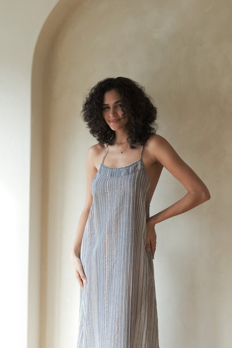 Canggu Maxi Dress - Navy With Stripes-The Handloom-lobo nosara