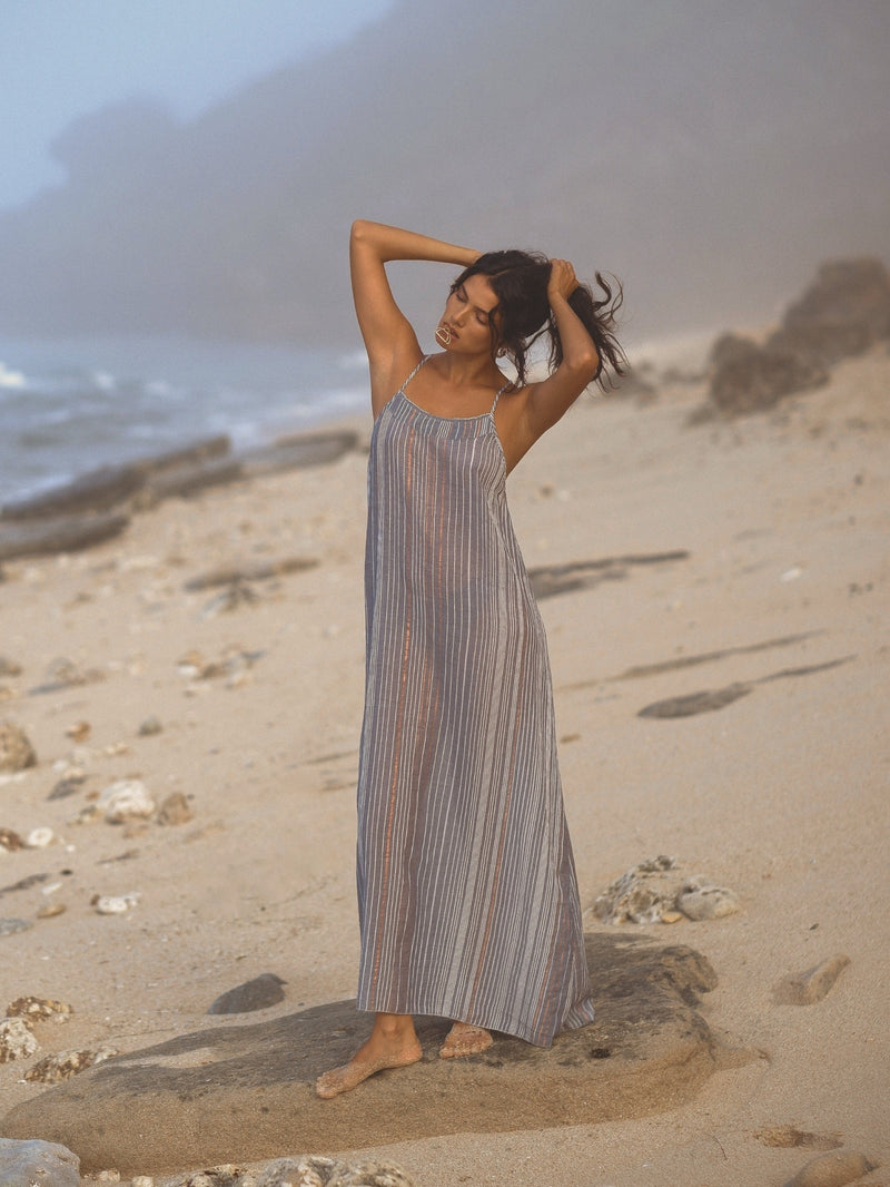 Canggu Maxi Dress - Navy With Stripes-The Handloom-lobo nosara