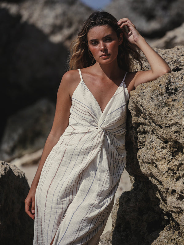 Celia Striped Dress - Natural-The Handloom-lobo nosara