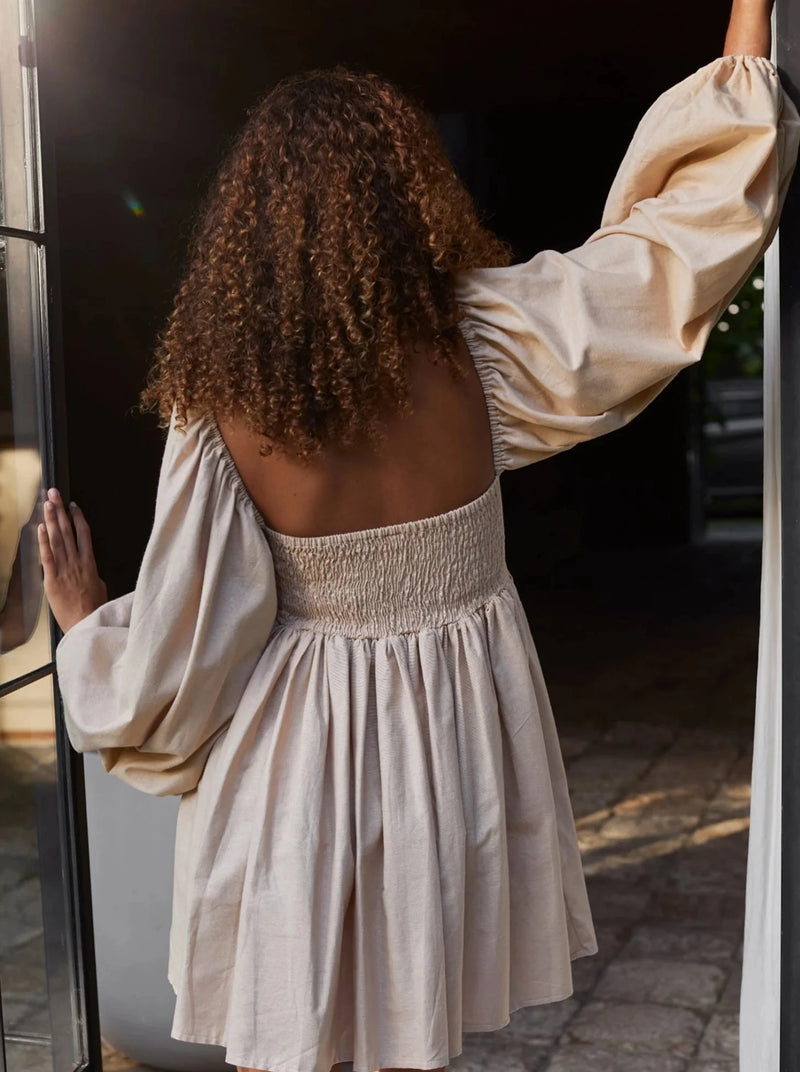 Chloie Empire Waist Linen Mini Dress - Weekend Beige-BALI ELF-lobo nosara