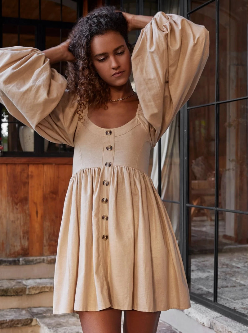 Chloie Empire Waist Linen Mini Dress - Weekend Beige-BALI ELF-lobo nosara