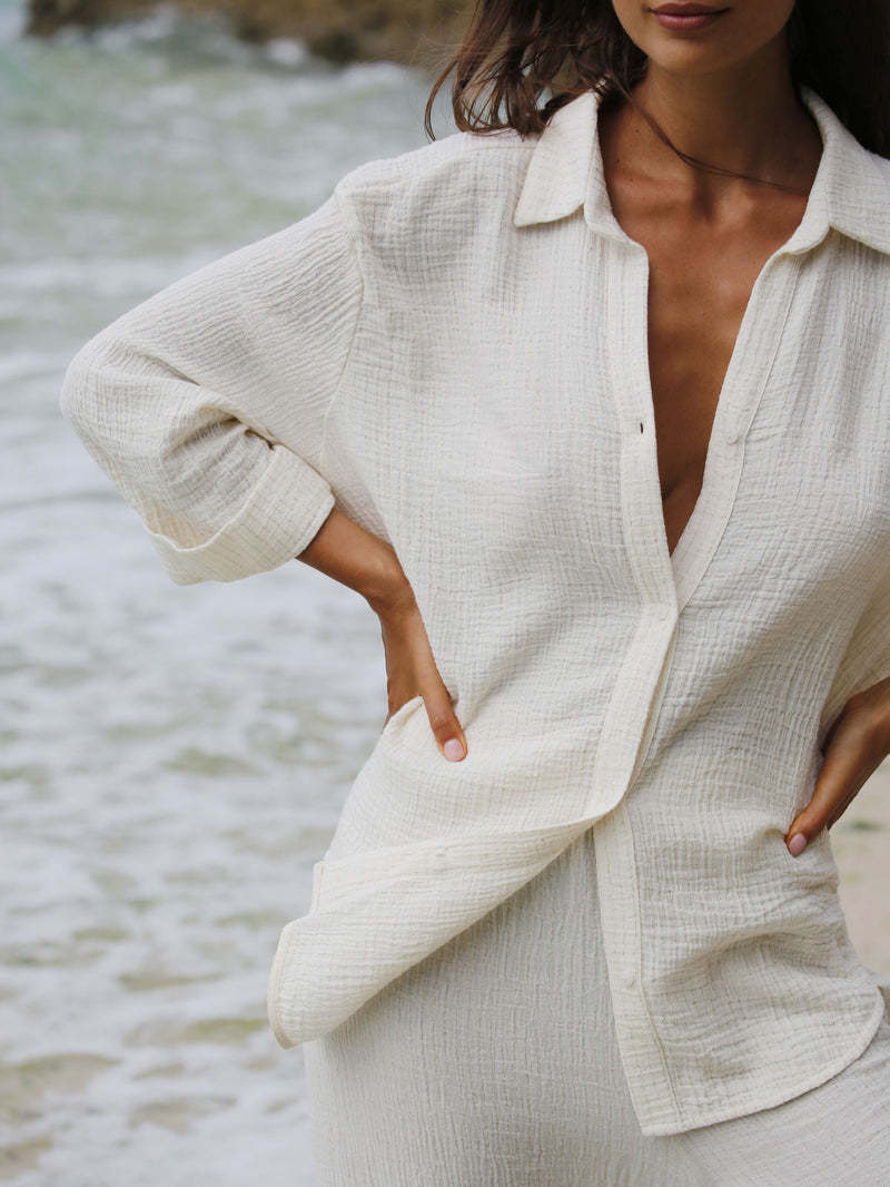 Echo Maxi Shirt - Natural With Gold Stripes-The Handloom-lobo nosara