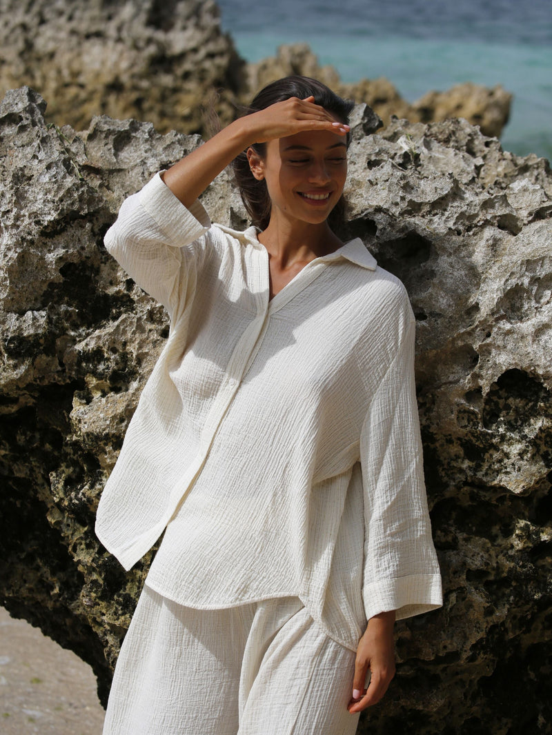 Echo Maxi Shirt - Natural With Gold Stripes-The Handloom-lobo nosara