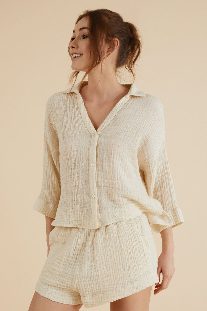 Echo Mini Shirt - Natural With Gold Stripes-The Handloom-lobo nosara