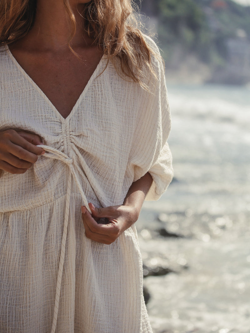 Gaia Drawstring Mini Dress - Natural With Gold Stripes-The Handloom-lobo nosara