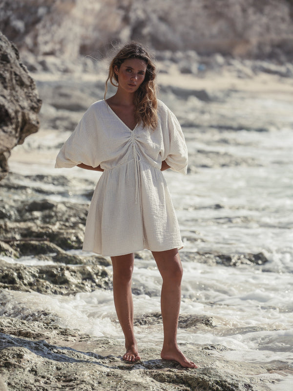 Gaia Drawstring Mini Dress - Natural With Gold Stripes-The Handloom-lobo nosara