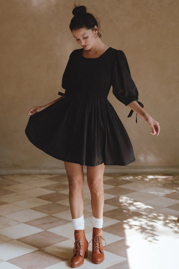 Jolie Puff Sleeve Linen Smocked Mini Dress - Black-BALI ELF-lobo nosara