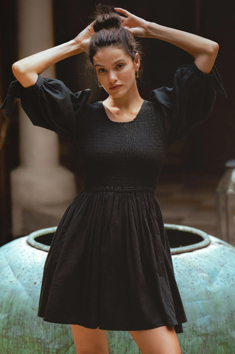 Jolie Puff Sleeve Linen Smocked Mini Dress - Black-BALI ELF-lobo nosara