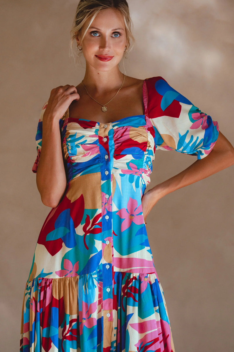 Lilit Floral Puff Sleeve Midi Dress - Havana-BALI ELF-lobo nosara