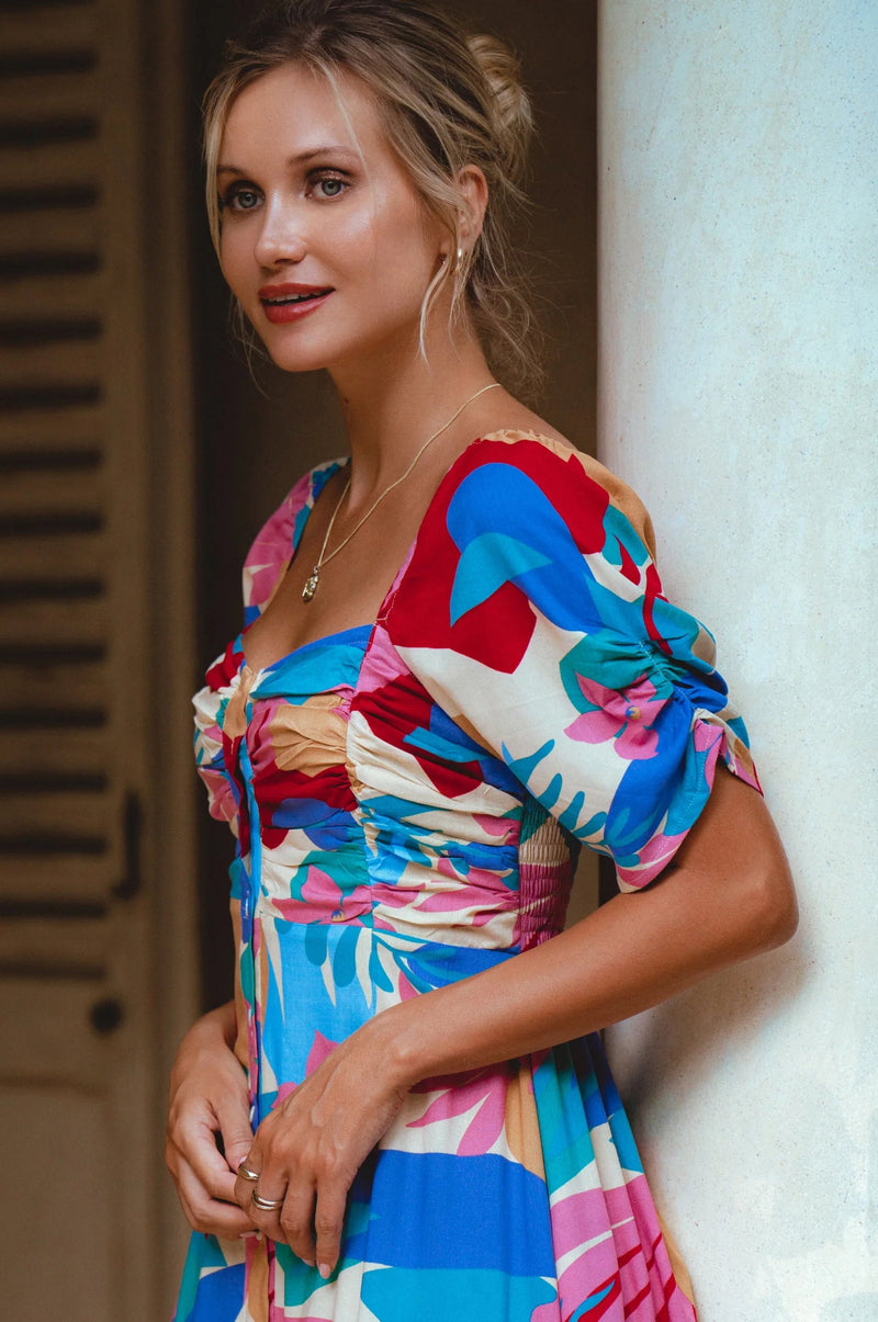 Lilit Floral Puff Sleeve Midi Dress - Havana-BALI ELF-lobo nosara
