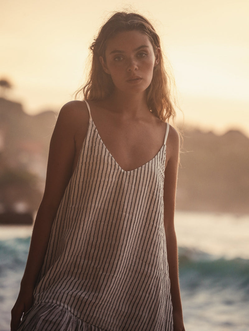 Liv Mini Ruffle Dress - Black Stripes-The Handloom-lobo nosara