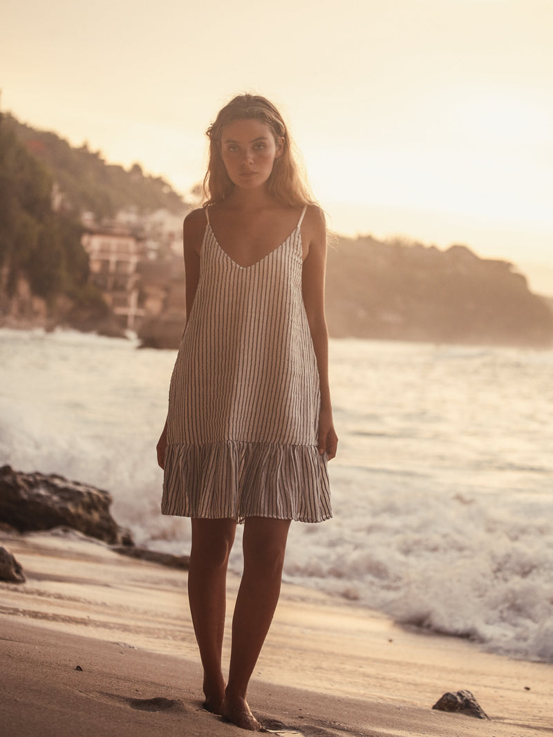 Liv Mini Ruffle Dress - Black Stripes-The Handloom-lobo nosara