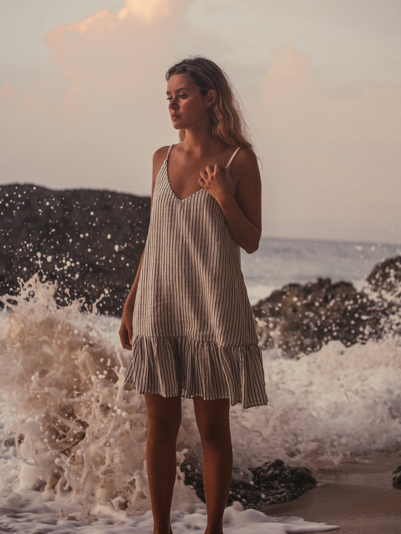 Liv Mini Ruffle Dress - Black Stripes-The Handloom-lobo nosara