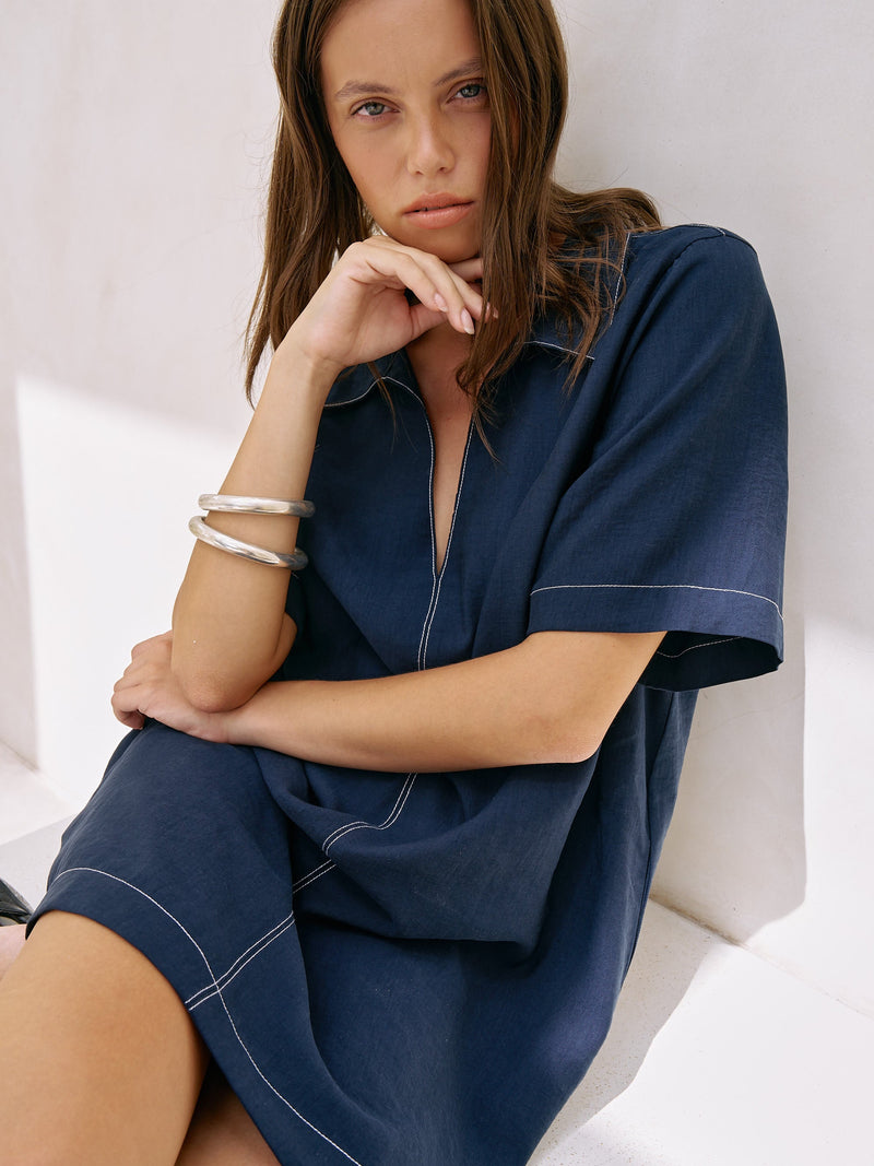 Mae Popover Mini Dress - Navy-The Handloom-lobo nosara