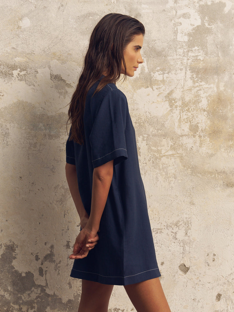 Mae Popover Mini Dress - Navy-The Handloom-lobo nosara