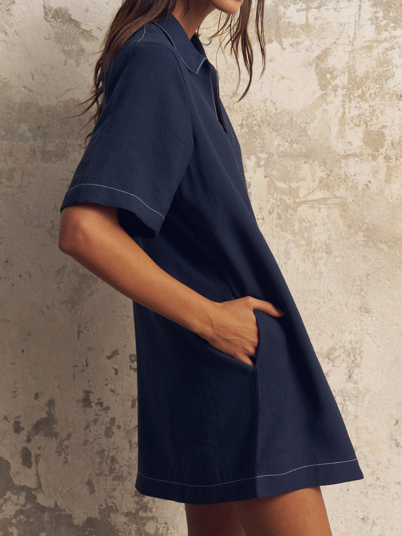 Mae Popover Mini Dress - Navy-The Handloom-lobo nosara