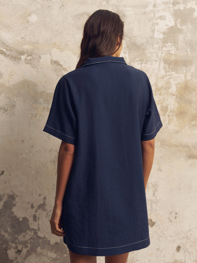 Mae Popover Mini Dress - Navy-The Handloom-lobo nosara