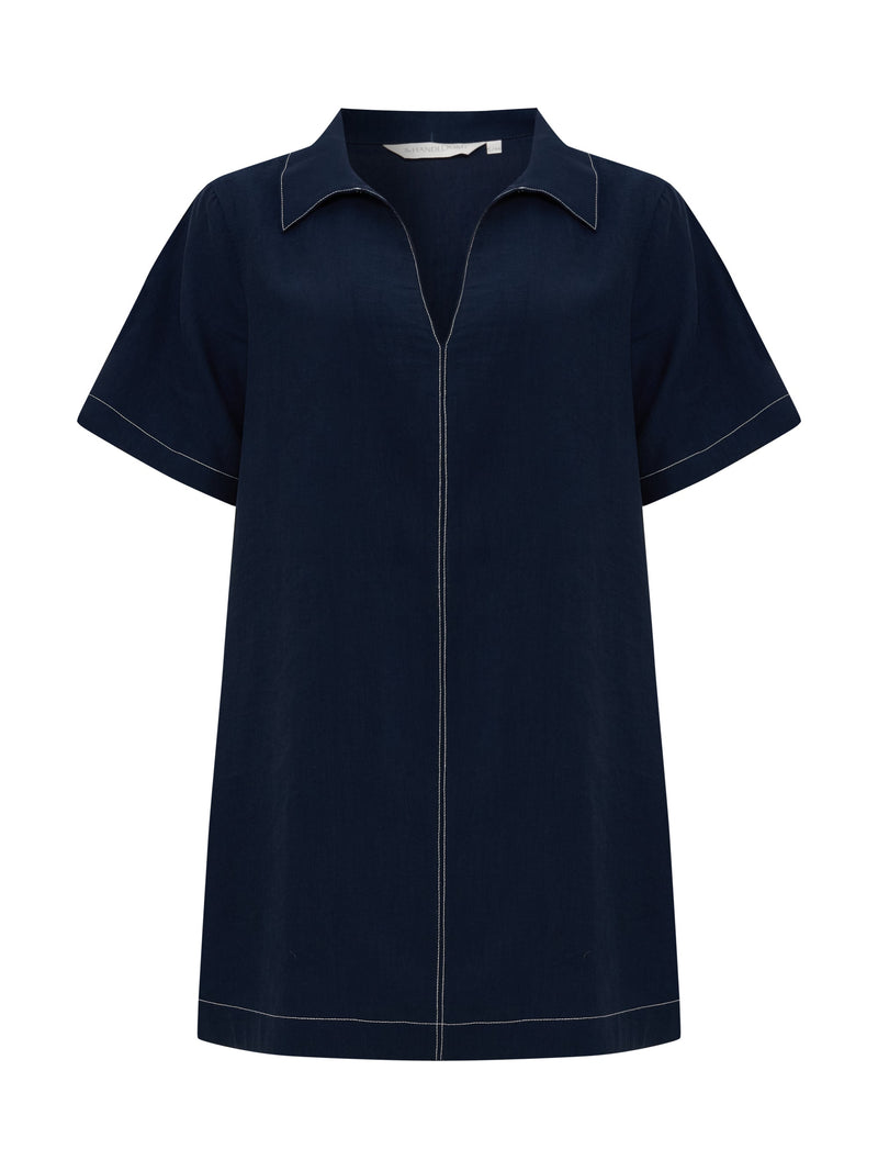 Mae Popover Mini Dress - Navy-The Handloom-lobo nosara