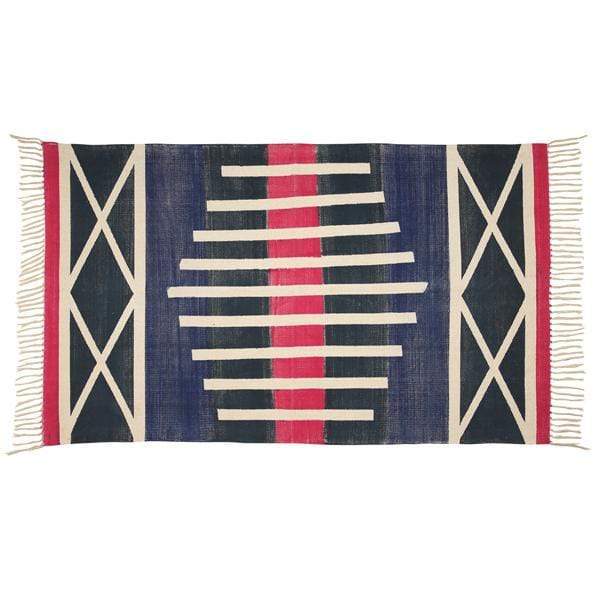 Navy Blue with Natural Stripes Printed Rug-Casa Amarosa-lobo nosara