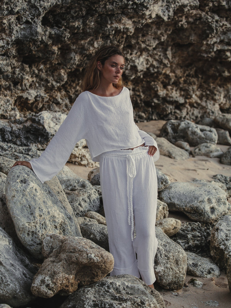 Paloma Paper Bag Pants - White-The Handloom-lobo nosara