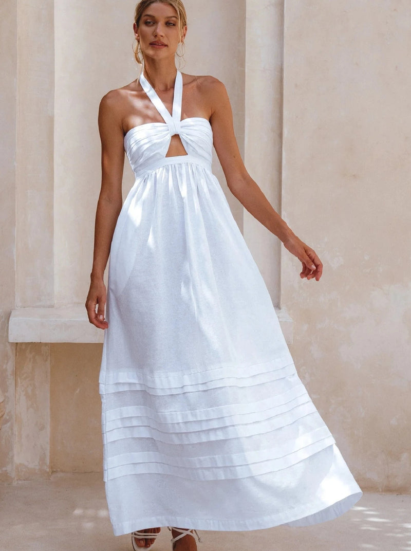 Penelope Halter Linen Maxi Dress - White-BALI ELF-lobo nosara