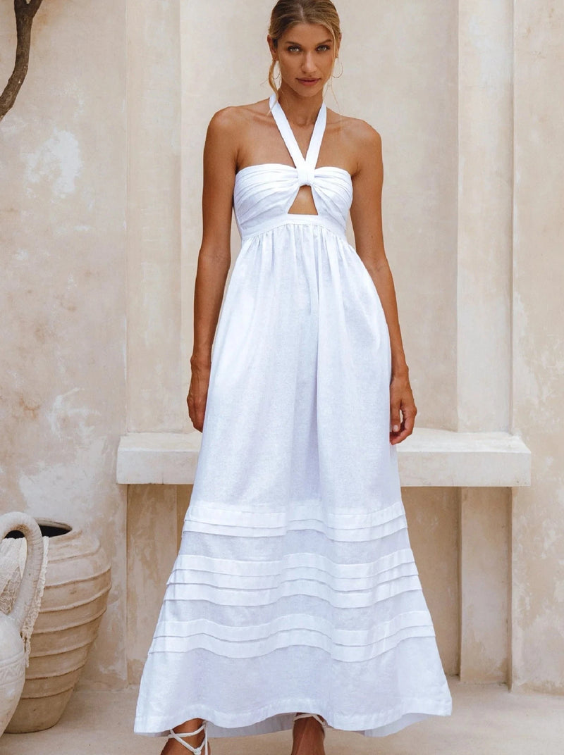 Penelope Halter Linen Maxi Dress - White-BALI ELF-lobo nosara