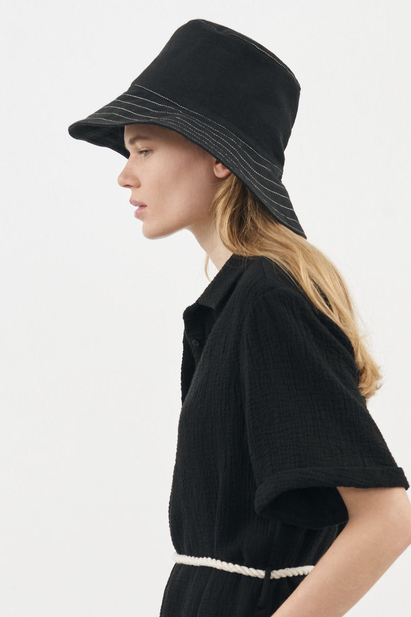 Playa Contrast Stitch Bucket Hat - Black-The Handloom-lobo nosara