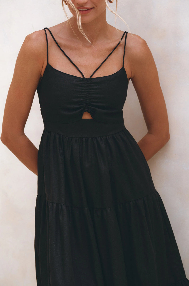 Rafeala Strappy Linen Midi Dress - Black-BALI ELF-lobo nosara