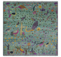 Ready to Ship Jungle Life Peacock Bird 8x8 Square Green Wool Rug-The Rug Decor-lobo nosara