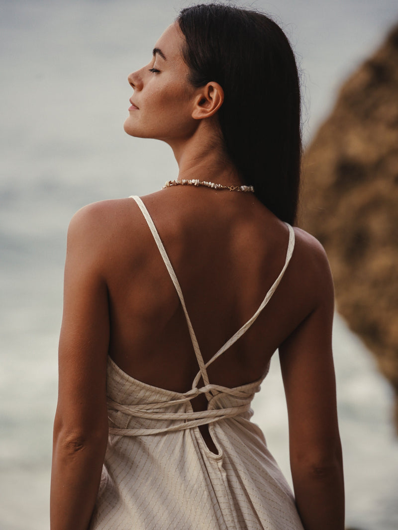 Sage Maxi Dress - Gold Stripes-The Handloom-lobo nosara